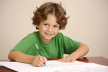 Naklejka na ściany i meble Young Asian student boy sitting at desk with books, isolated on white background