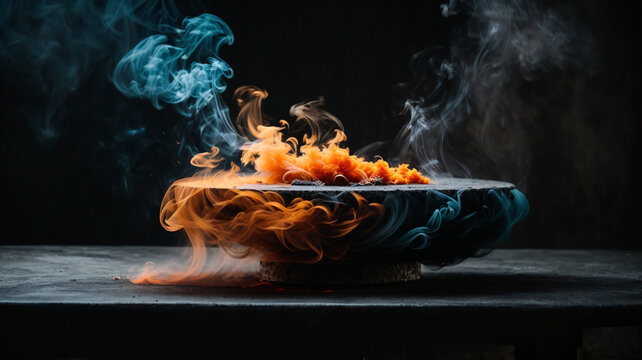 Colorful smoke from incense sticks on empty black stone table with black background. High quality photo
