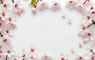 Cherry blossoms bloom on a pastel colored background. Pink cherry blossom flowers, dreamy and romantic image of spring, copy space. Planar arrangement.