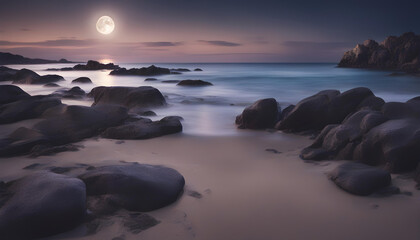 Fototapeta na wymiar Night at beautiful beach with rocks with full moon