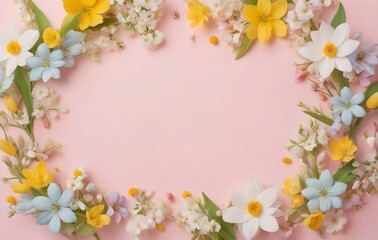 Spring flowers arranged flat. Pastel colored background. Mother's Day, spring, spring events. greeting card.
