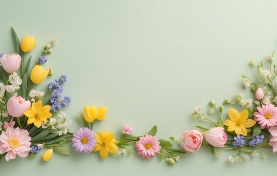 Spring flowers arranged flat. Pastel colored background. Mother's Day, spring, spring events. greeting card.
