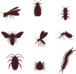 ゴキブリや蜂、ダニなどのリアルな害虫のシルエットイラストセット - obrazy, fototapety, plakaty