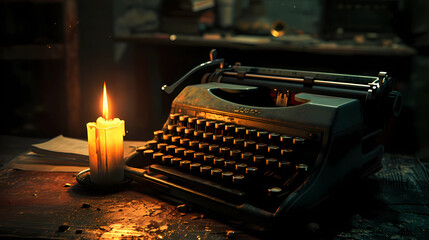 A candle's glow casting shadows on an old typewriter