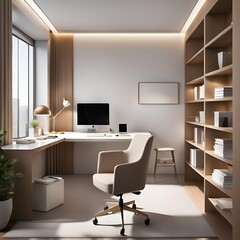 Simulation of an exclusive lighted and minimalist office designed in a clean line in white, light brown colors in the office two computer chairs, a desk, and a small library, stationery and a diary pl