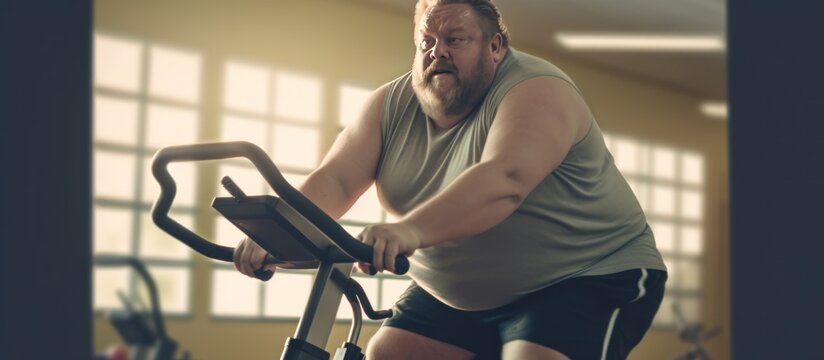 Overweight man cycles diligently in the gym. A testament to determination and a healthy lifestyle