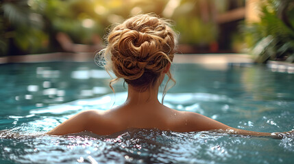 Behind view of a woman standing in a swimming pool