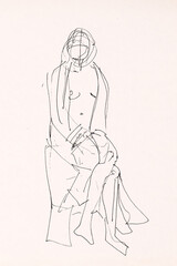 Fototapeta na wymiar Black ink on white paper quick sketch capturing the grace and poise of a female model in a studio setting. An artistic drawing of the human form.