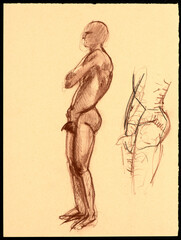 Charcoal on colored paper quick sketch capturing the grace and poise of a male model in a studio setting. An artistic drawing of the human form.