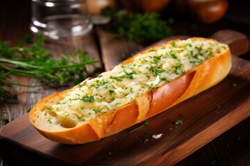 Tasty baguette with garlic and dill, closeup