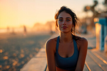 Woman enjoying the sunset on a beach boardwalk