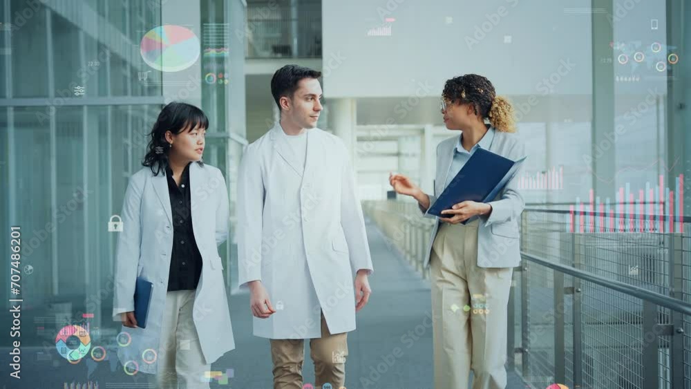 Poster Multinational group in white coats talking while walking and statistical data concept.