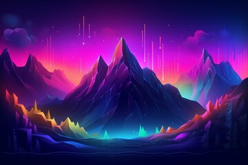Abstract neon background with glowing musical note marks and rocky mountains in a fantastical landscape. Generative AI - obrazy, fototapety, plakaty