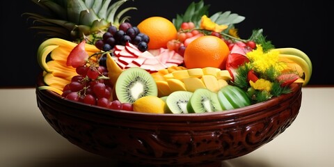 Bowls contain fruits such as kiwi, grapes, oranges and pineapple on black background.