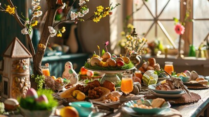 Happy Easter celebration dinner full of foods on table and flower arrangement decoration in cozy...