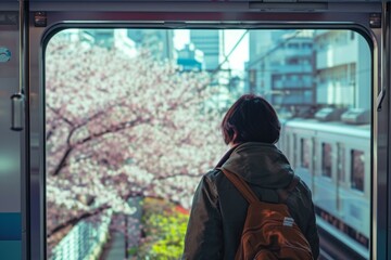 A traveller navigating the city with spring blossoms in the background, captures both the cityscape and the individual amidst blooming trees, to emphasize the harmony between urban & nature.