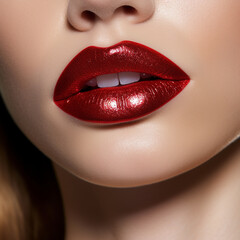 Fototapeta premium A Close Up, Macro of Perfectly Applied Metallic Red Lipstick