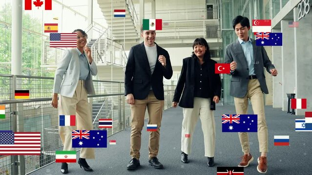 Multinational people shaking hands and national flag concept. International network.