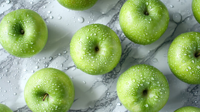 Bright, green sliced apples on marble countertop
