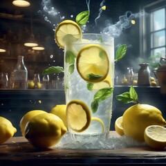 Fresh lemonade lemon juice in studio lighting and background, cinematic drink photography for ads - obrazy, fototapety, plakaty