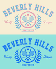 Vintage Beverly Hills Tennis Sport Club slogan print with racket and ball illustration for graphic tee t shirt - Vector