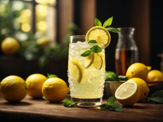 Fototapeta premium Fresh lemonade lemon juice in studio lighting and background, cinematic drink photography for ads