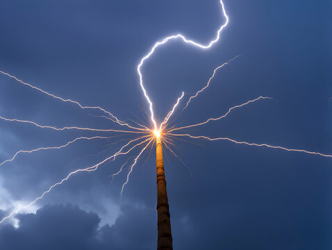 Lightning strikes to lightning rod - Close-up view. - Generative AI