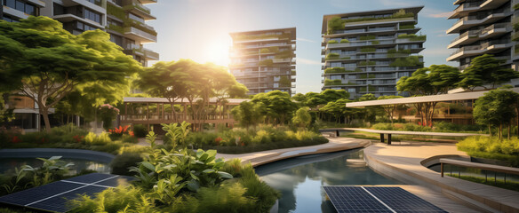 Modern eco-friendly residential complex with solar panels - obrazy, fototapety, plakaty