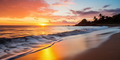 Golden sunset casting a warm glow on a tranquil beach