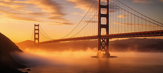 Bridge enveloped in mist at sunrise