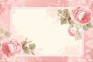 Rectangular frame adorned with pink roses on a charming pink and white background. Generative AI