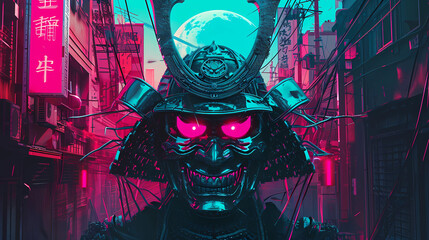 a samurai warrior's head in a cyberpunk