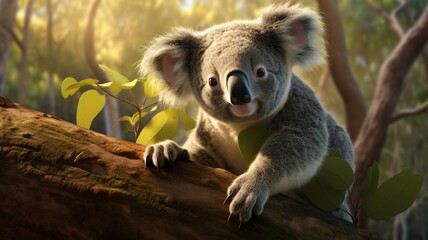 Naklejka premium Koala on a branch, focus on the fingerprints as it explores the foliage -Generative Ai 