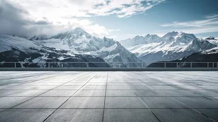 Cercles muraux Panoramique Square concrete floor with amazing winter snow mountain landscape