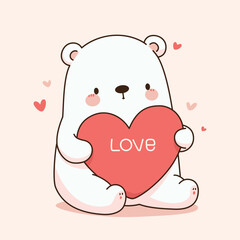 Cute White Bear Cartoon Mascot Character with Valentine's Heart and Text Love, Vector Illustration