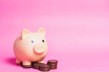 pink bank with coins. piggy bank on pink background