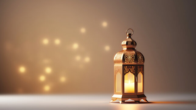 Elegant ramadan kareem lantern, white background, text copy space.