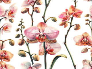 watercolor illustrations of Phalaenopsis minus Seidenf., depicted in a seamless pattern. These images highlight the unique details and delicate presentation of the plant.