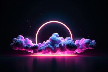 neon abstract clouds with round frame - obrazy, fototapety, plakaty