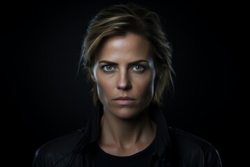 Portrait of a beautiful woman in a leather jacket on a dark background