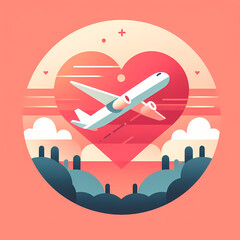 Romantic theme flying airplane with a background of love signs and clouds. Traveling vacation illustration.Digital asset and ready to print. Easy removed background.