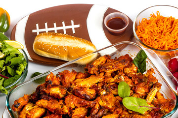 Wings come with a dip sauce and salad for football game party.