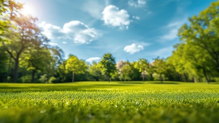 Beautiful blurred background image of spring nature with a neatly trimmed lawn surrounded 