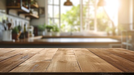 Beautiful empty brown wooden table top and blurred defocused modern kitchen interior background with day light flare