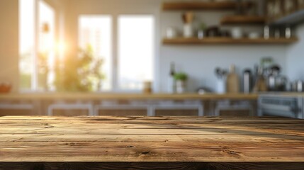 Fototapeta na wymiar Beautiful empty brown wooden table top and blurred defocused modern kitchen interior background with day light flare