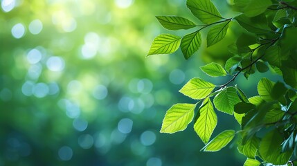 Beautiful green leaves on blurred background, space for text. Spring season