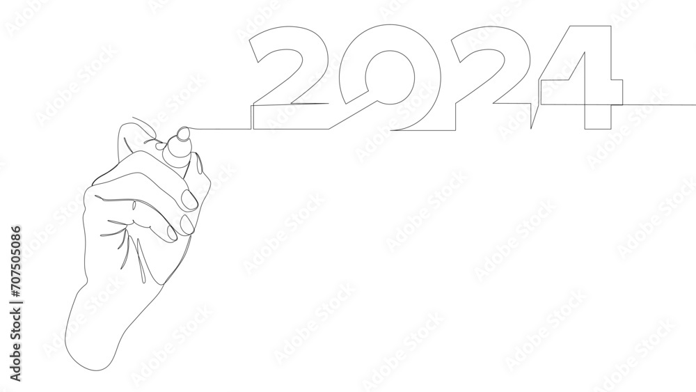 Poster one continuous line of number 2024 written by with felt tip pen. thin line illustration vector conce