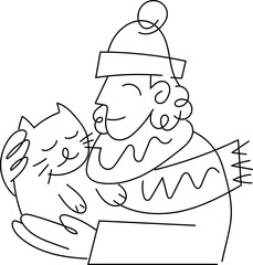 Mens Wear Winter Clother Hugging a Cat Line Art Illustration