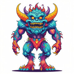 Mystical full body angry monster character standing facing forward. Graphic design for mascot, t shirt, banner, cover, tattoo. Digital asset ready to print.