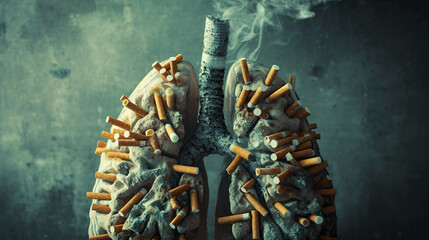 Health concept of a lung transformed into a cigarette-filled organ, vividly conveying the harmful impact of smoking. Powerful no-smoking message campaign - obrazy, fototapety, plakaty